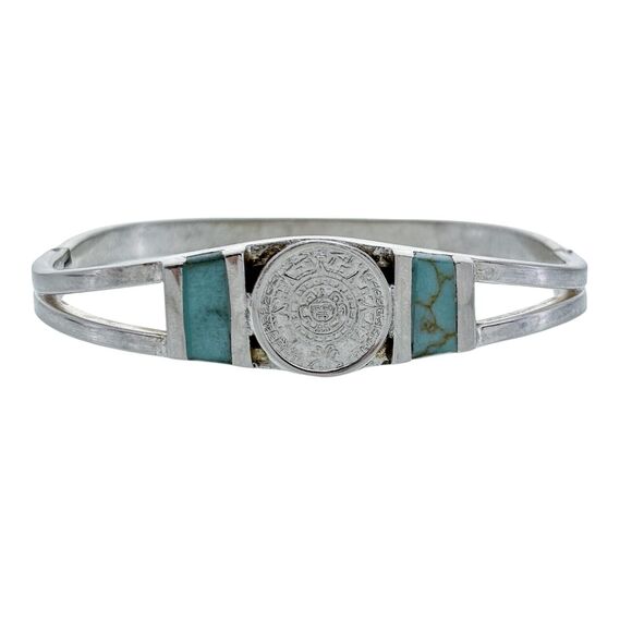 Vintage Sterling Silver 925 Aztec Calendar Magnesite Inlay Bracelet 6.5" - Picture 1 of 7